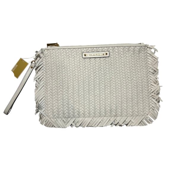 NWT Michael Kors Jet Set Woven Fray Edge Optic White Zip Pouch Clutch Wristlet - Picture 1 of 10
